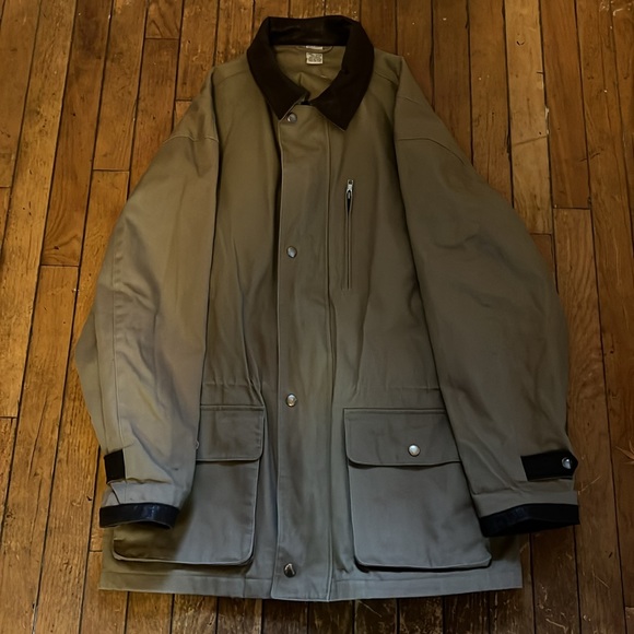 Leather trim heavy canvas tan jacket. Size Adult Large (L). - Picture 2 of 5